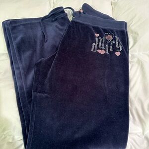 JUICY COUTURE: NAVY BLUE “JUICY” RHINESTONE AND GLITTER LOGO TRACK SUIT PANTS